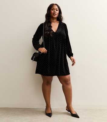 Curves Black Diamante Embellished Velvet Mini Dress