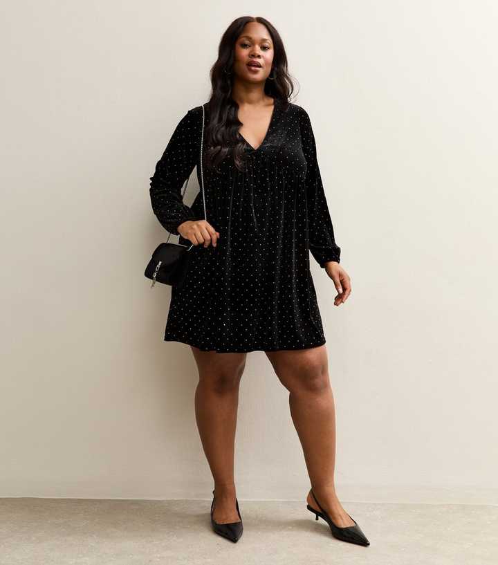 Curves Black Diamante Embellished Velvet Mini Dress
