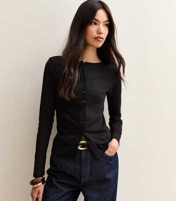 Black Ribbed Button Through Long Sleeve Top