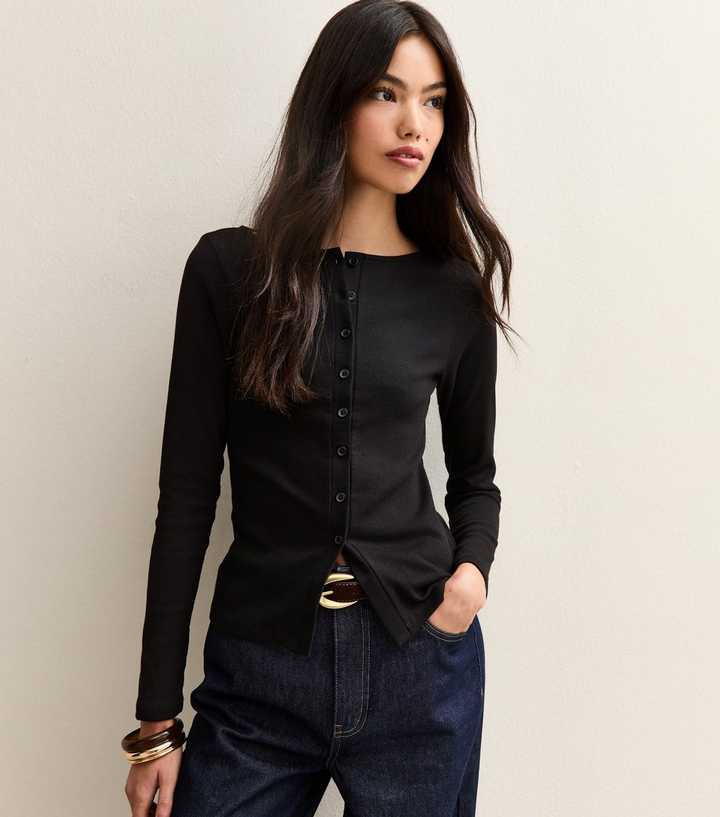 Black Ribbed Button Through Long Sleeve Top