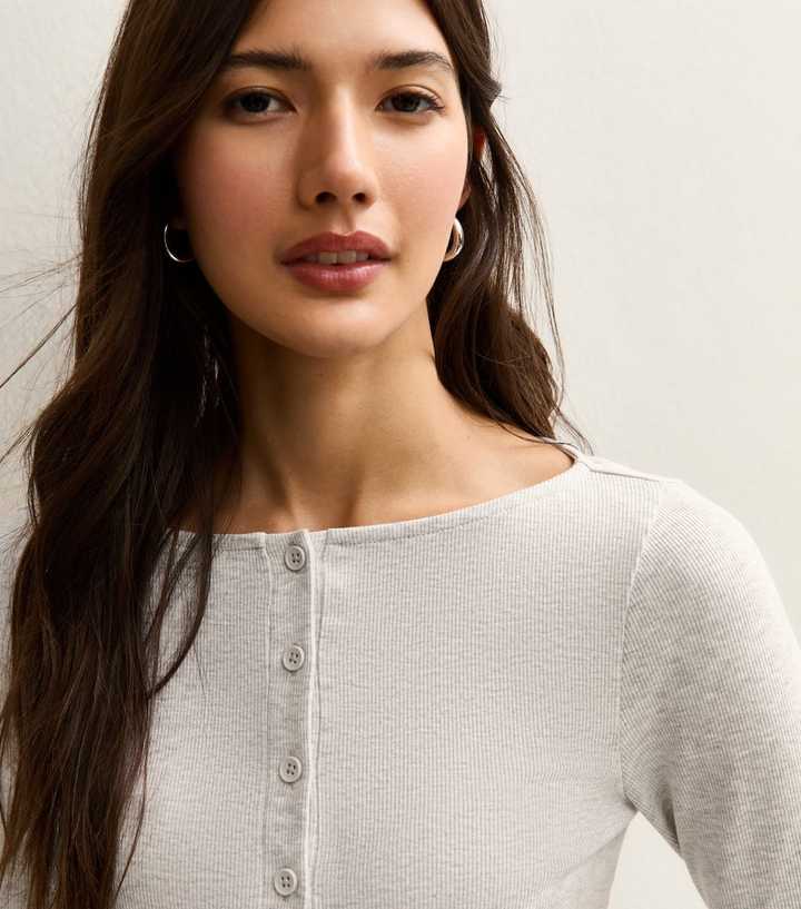 Grey Marl Ribbed Button Through Long Sleeve Top