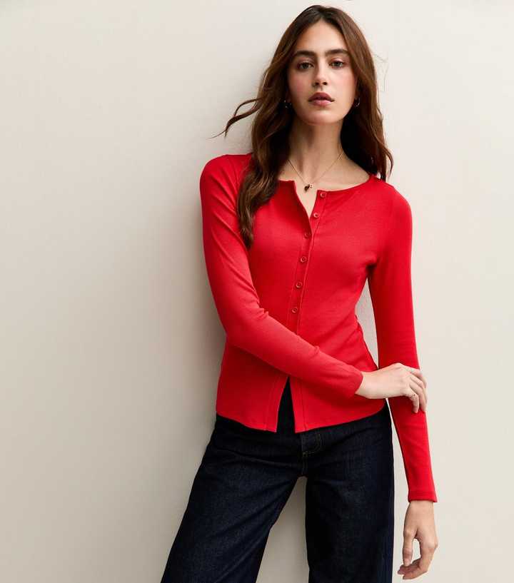 Red Ribbed Button Through Long Sleeve Top