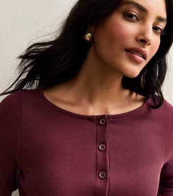 Burgundy Ribbed Button Through Long Sleeve Top