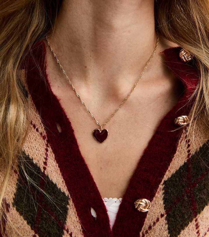 Gold Tone Burgundy Enamel Heart Pendant Necklace