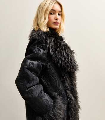Black Floral Texture Faux Fur Trim Coat
