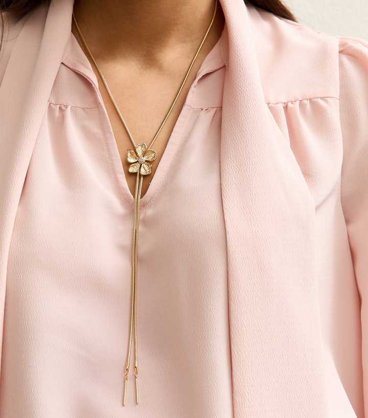 Gold Tone Textured Flower Long Toggle Necklace