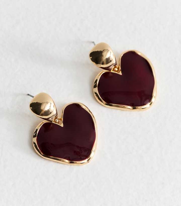 Burgundy Enamel Heart Shaped Earrings