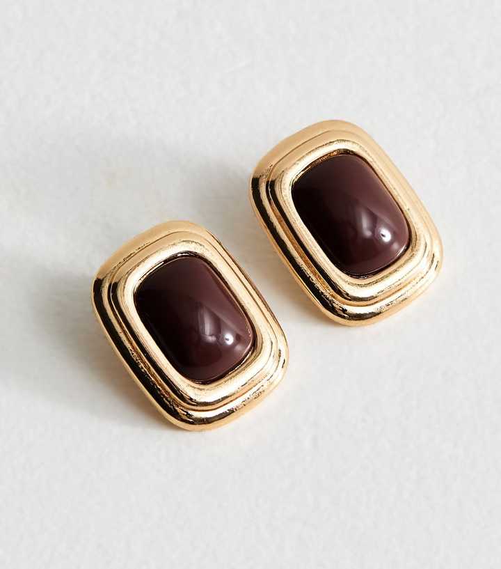 Dark Brown Contrast Stone Rectangular Earrings