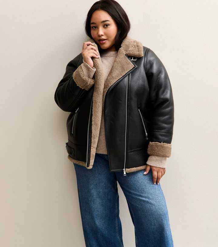 Curves Black Faux Fur Trim Aviator Jacket
