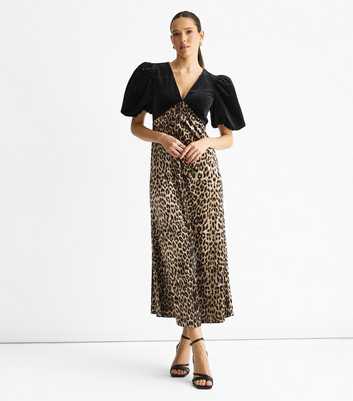 Gini London Brown Leopard Print Velvet Trim Midi Dress