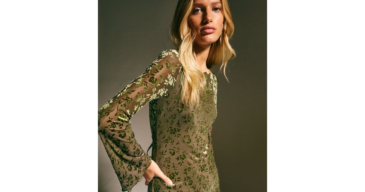 green floral devore long sleeve maxi dress Yolanda Long Sleeve Maxi Dress - Sage Green Floral main image 0