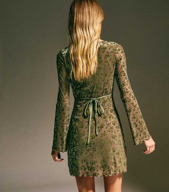 green emerald velvet dress Olive Burnout Floral Long Sleeve Maxi Dress – Rare London main image 0
