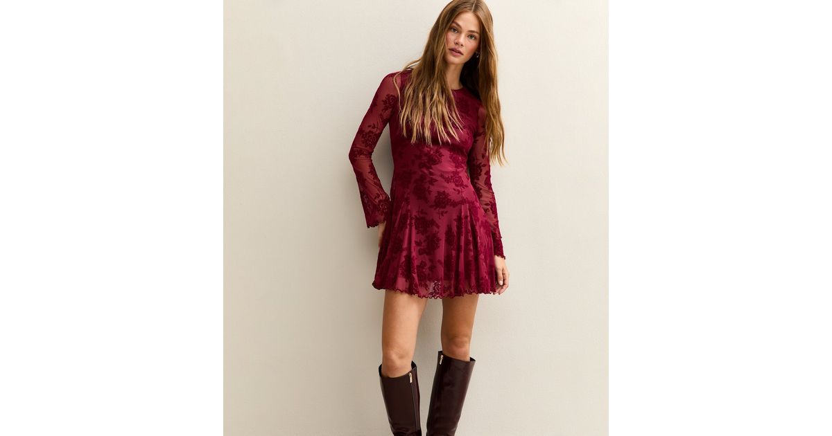 Burgundy Floral Print Skater Dress | New Look