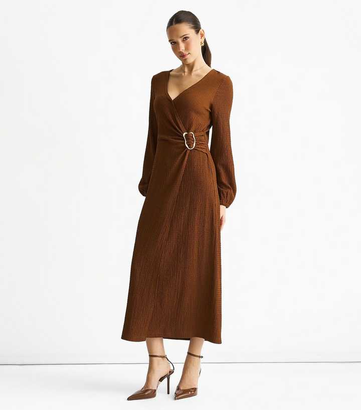 Gini London Mid Brown Textured Wrap Midi Dress