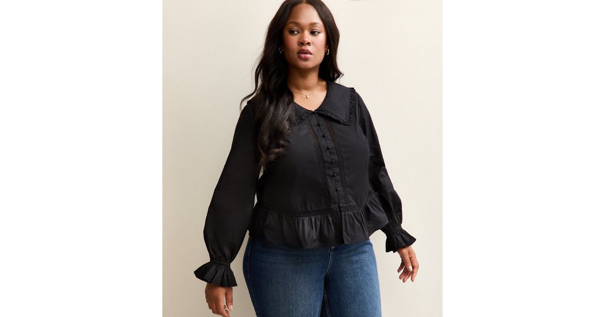 Curves Black Lace Insert Frilly Trimmed Shirt | New Look