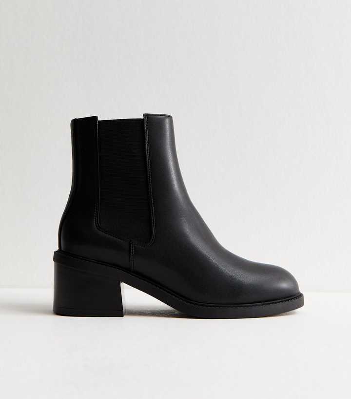 Wide Fit Black Faux Leather Chelsea Heeled Ankle Boots