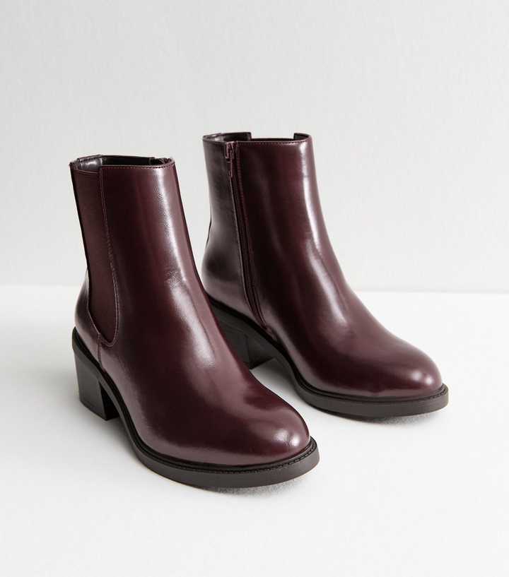 Wide Fit Dark Burgundy Faux Leather Chelsea Heeled Ankle Boots