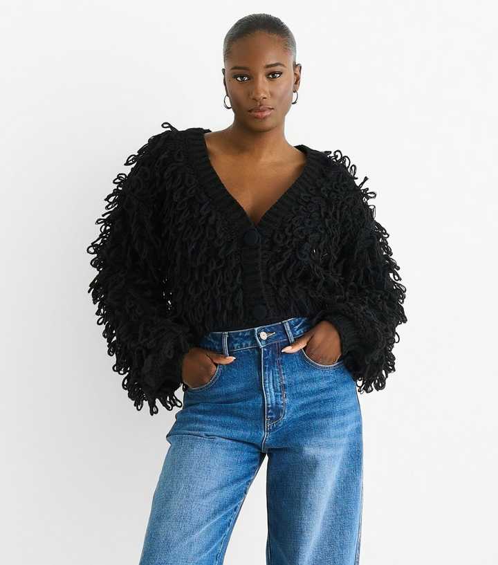 Gini London Black Textured Loop Cropped Cardigan