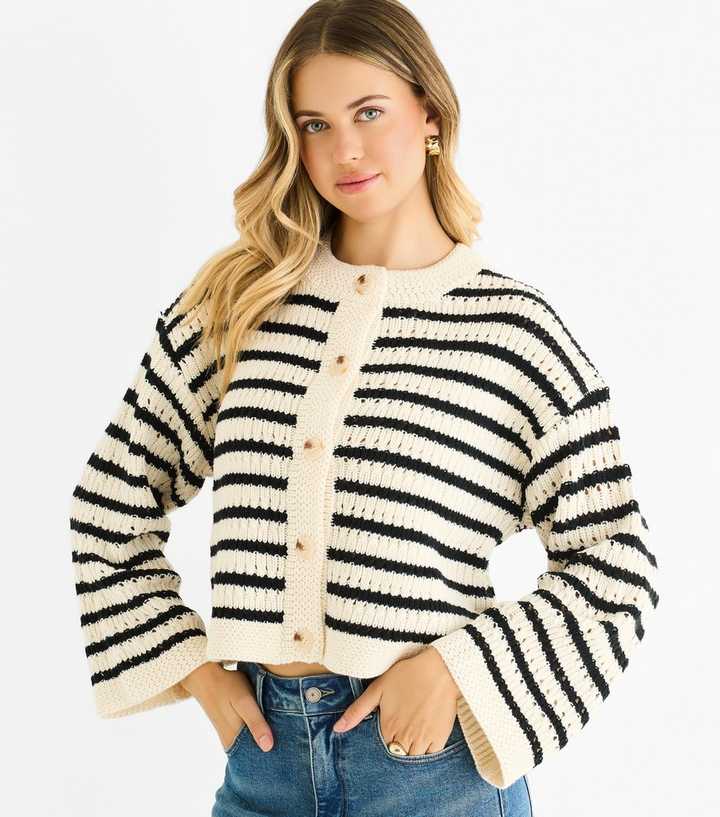 Gini London Cream Striped Textured Cardigan