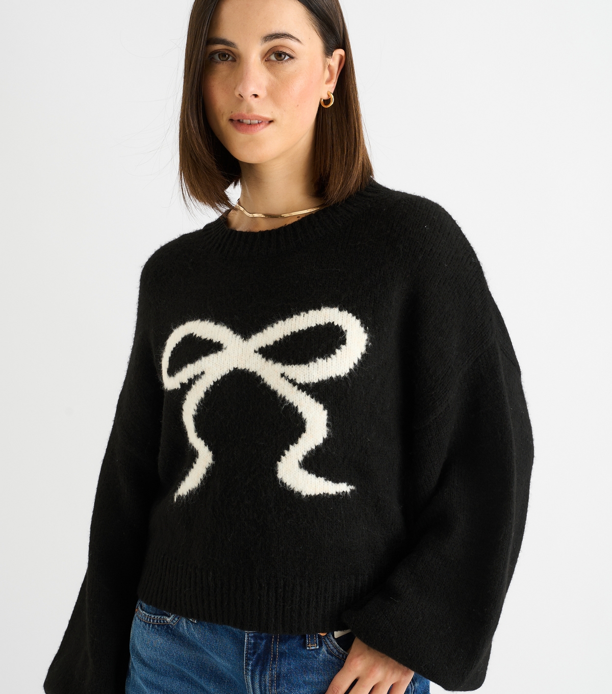 Gini London Women's Black Contrast Bow Jumper New Look Large