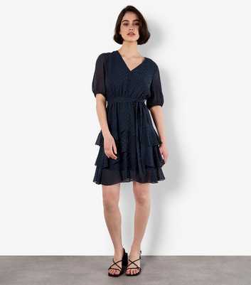 Apricot Navy Sparkly Polka Dot Belted Mini Dress