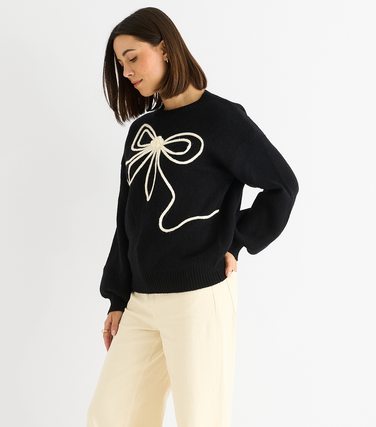 Gini London Women's Black Contrast Bow Jumper New Look Large