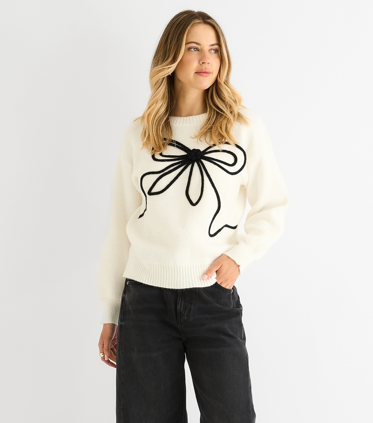 Gini London Women's Cream Contrast Bow Oversized Jumper New Look Large