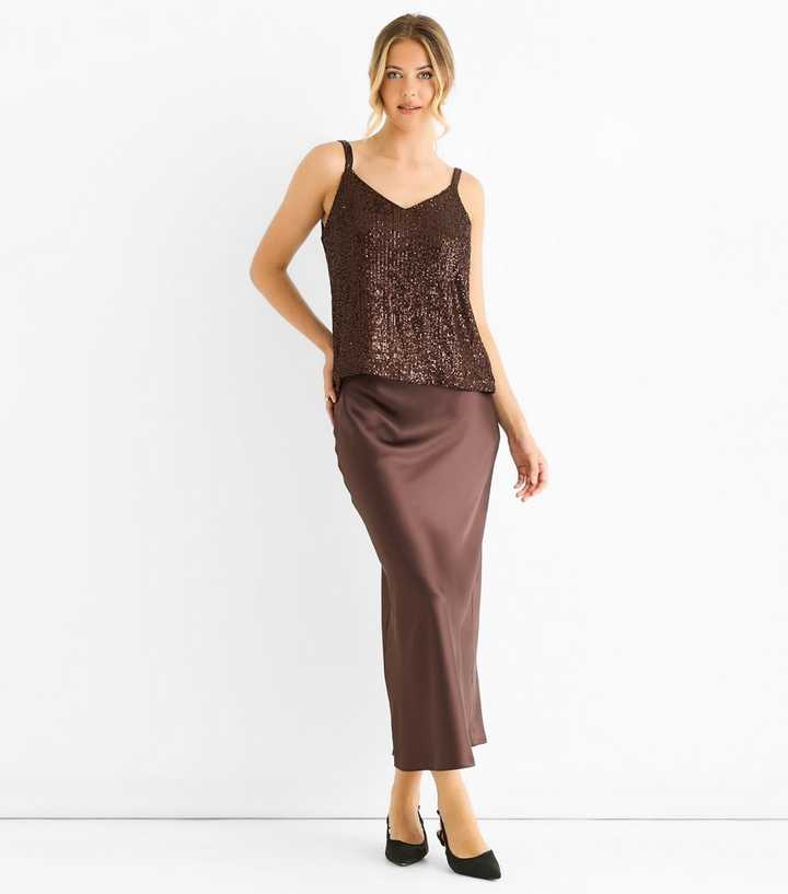 Gini London Brown Sequin V-Neck Cami Top