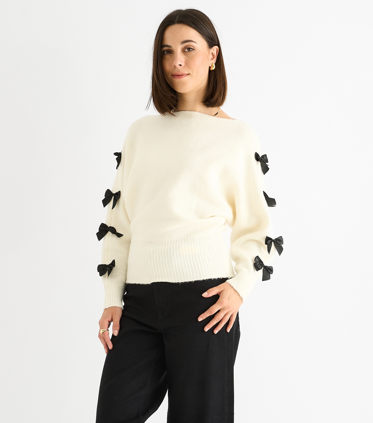 Gini London Women's Cream Contrast Bow Applique Jumper New Look Medium
