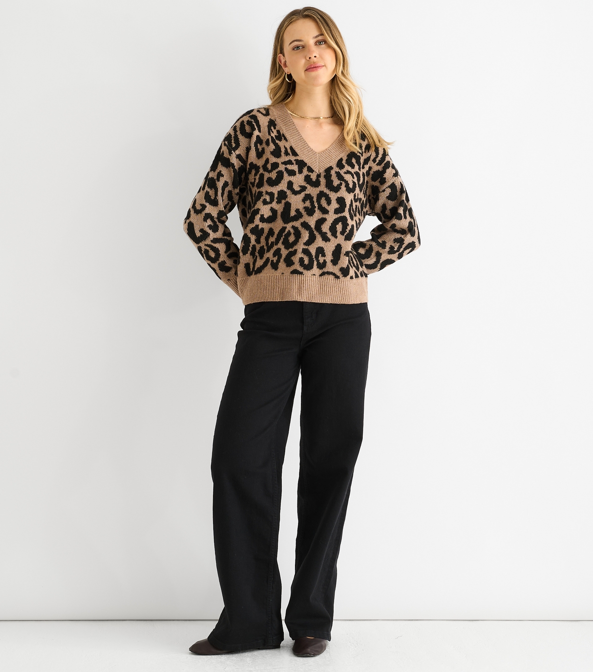 Gini London Women's Camel Brown Animal Print V-Neck Jumper New Look Large