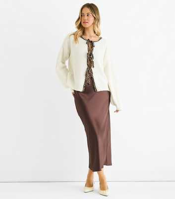 Gini London Cream Leopard Print Trim Tie Front Cardigan