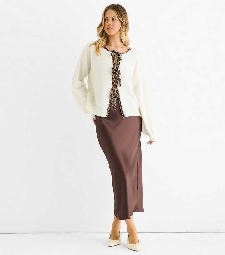 Gini London Cream Leopard Print Trim Tie Front Cardigan