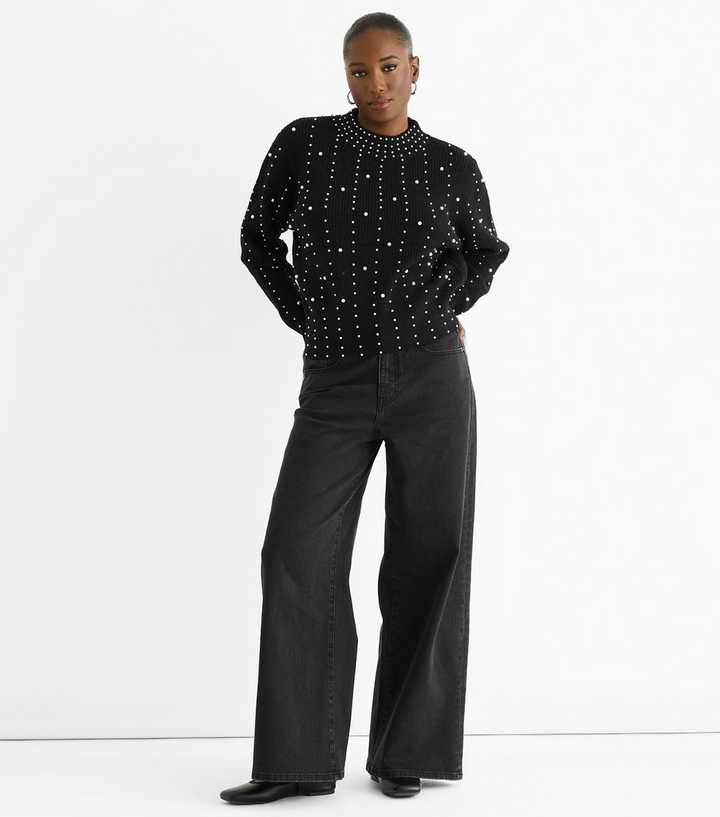 Gini London Black Faux Pearl Studded Jumper