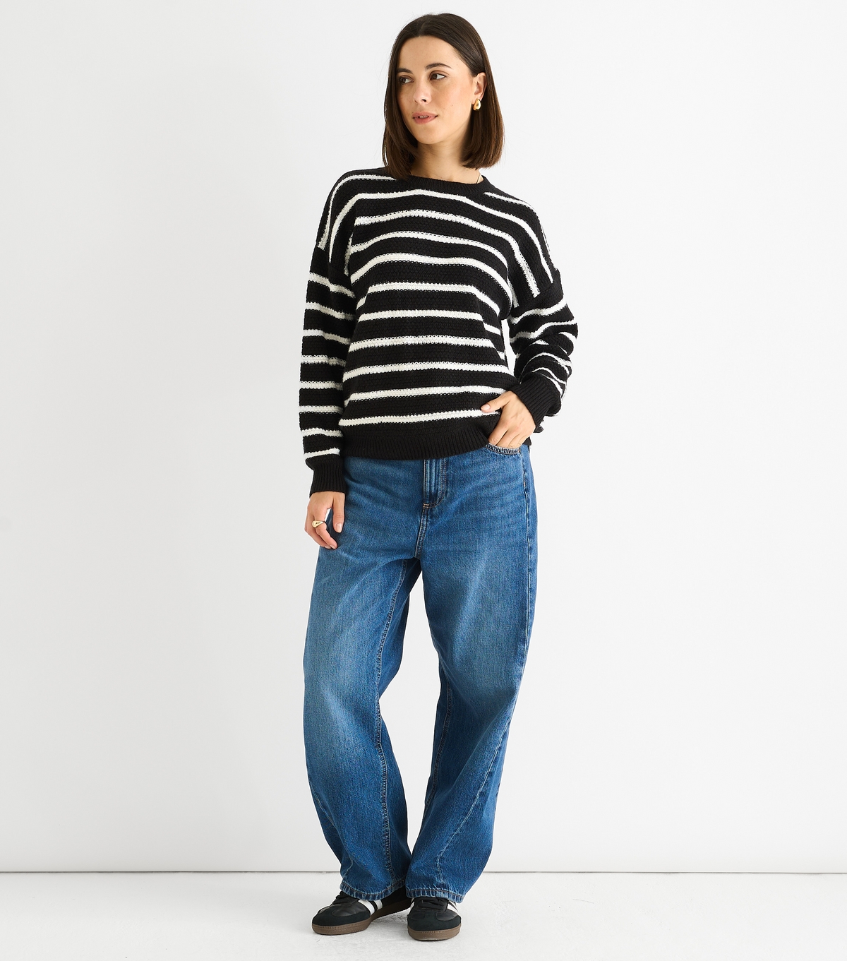 Gini London Women's Black Textured Knit Striped Jumper New Look Large