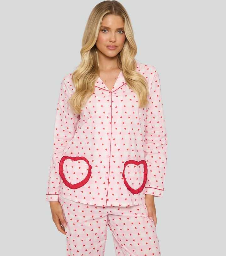 Loungeable Valentines Pink Heart Print Frilly Trim Shirt and Trousers Pyjama Set