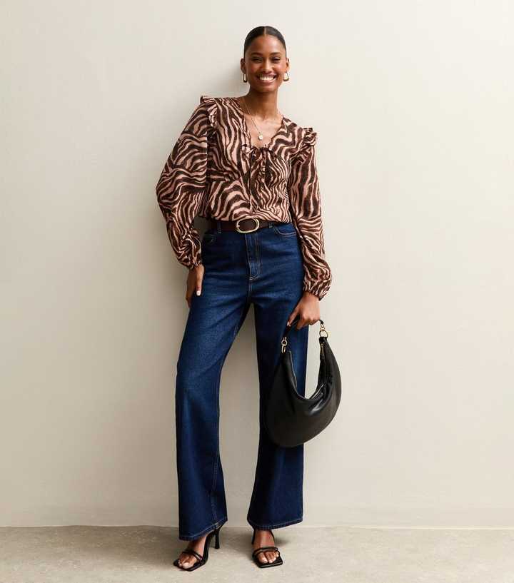 Brown Zebra Print Ruffle Blouse