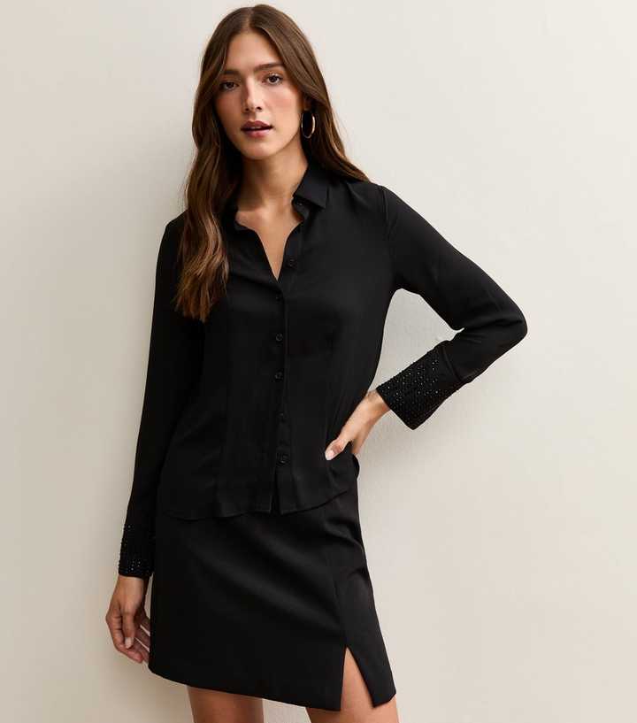 Black Sequin Cuff Long Sleeve Shirt