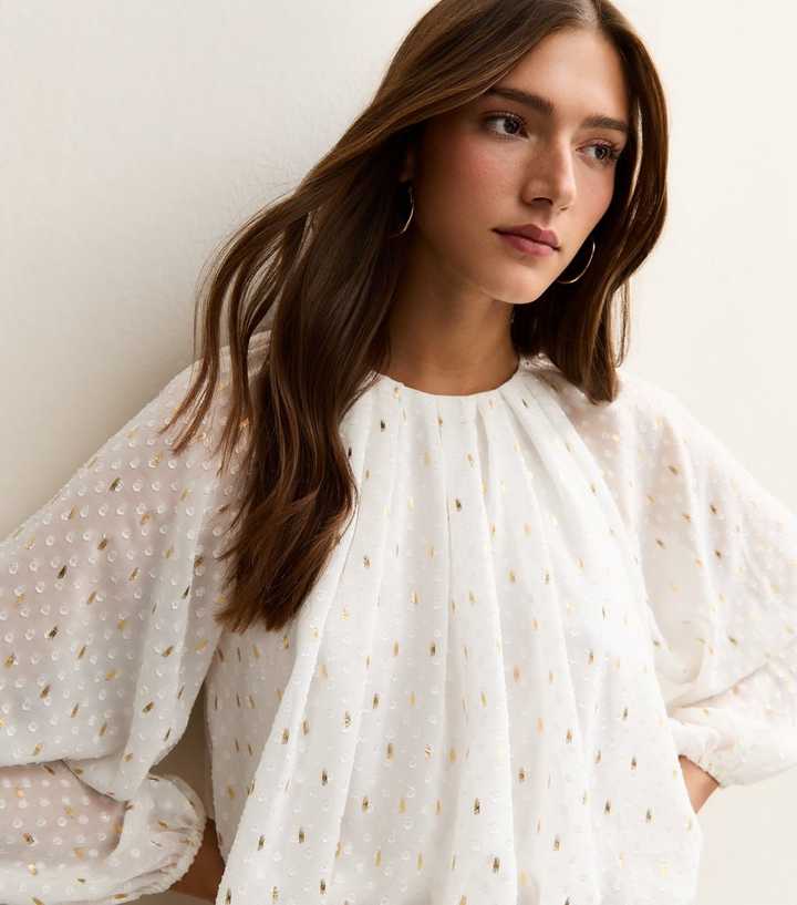 White Bubble Hem Gold Foil Textured Blouse