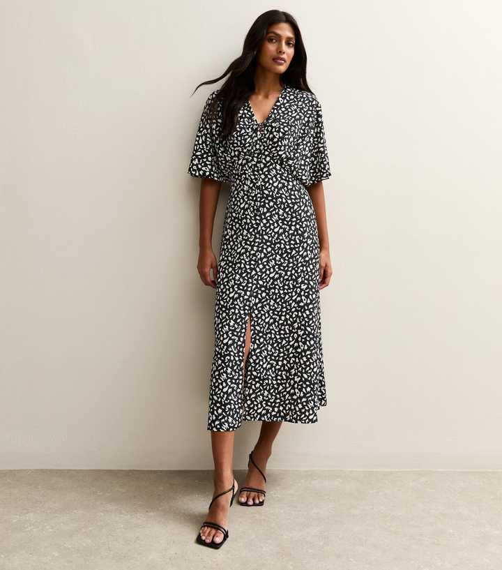 Black Animal Print Batwing Sleeve Midi Dress