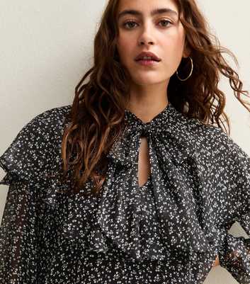 Black Ditsy Floral Print Tie Neck Blouse