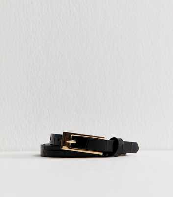 Black Faux Leather Croc Embossed Skinny Belt