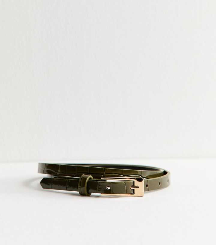 Dark Khaki Faux Leather Croc Embossed Skinny Belt