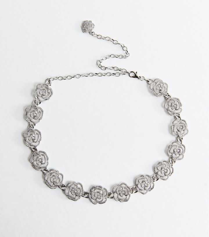 Silver Ton Diamante Floral Chain Belt