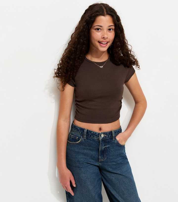 Girls Brown Ruched Side Cap Sleeve T-Shirt