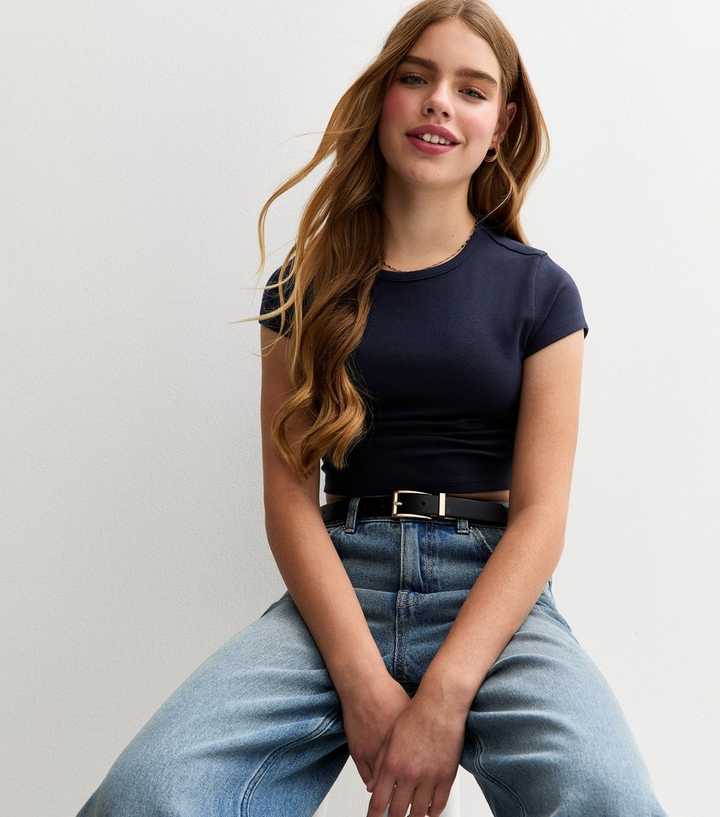 Girls Navy Ruched Side Cap Sleeve T-Shirt