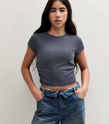 Girls Dark Blue Ruched Sides Cap Sleeve T-Shirt