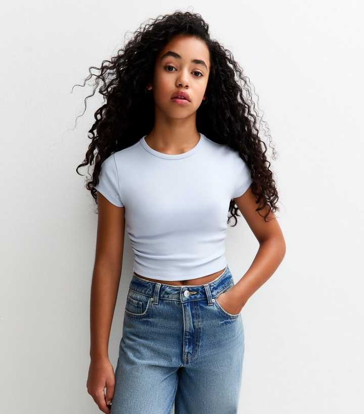 Girls Light Blue Ruched Side Cap Sleeve T-Shirt