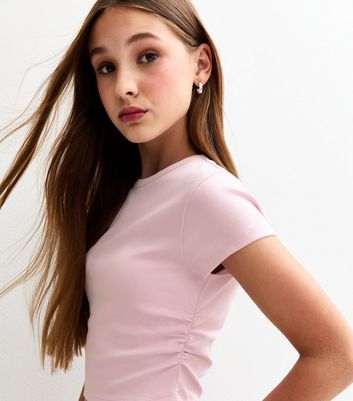 Girls Light Pink Ruched Side Cap Sleeve T-Shirt