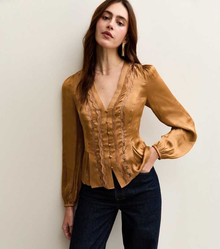 Burnt Orange Satin Lace Trim Blouse