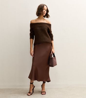 Dark Brown Satin Bias Cut Midi Skirt New Look